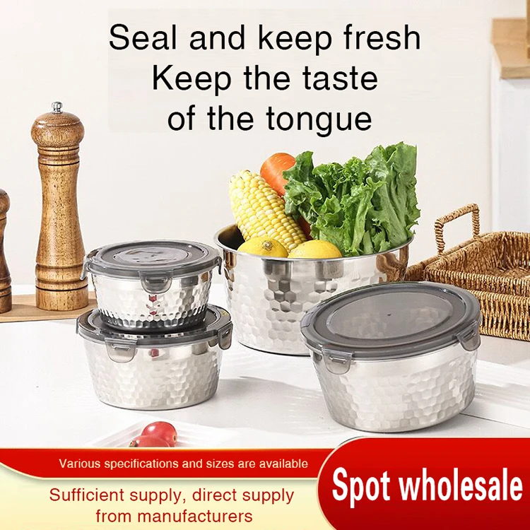 Wholesale refrigerator plastic lid SUS304 storage box sealed fresh-keeping box stainless steel food container