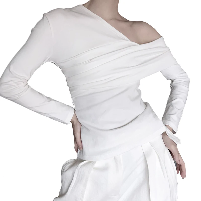 
ONEINALL Asymmetrical Collar Long Sleeve Ruched Slim Solid T Shirts Female Fashion 2021 
