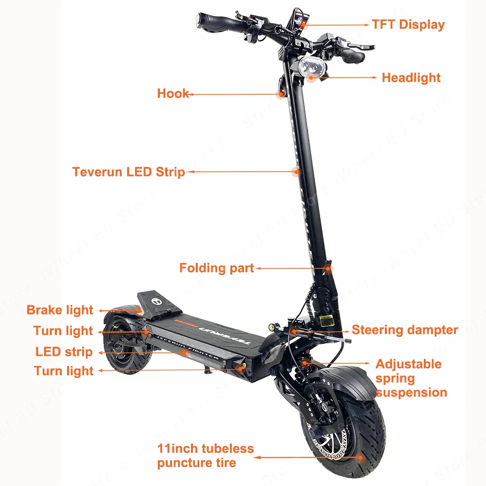 New Arrival Teverun Fighter 11+ High Quality TFT display Adult Folding eScooter 60V 35Ah  5000W  Electric Scooter
