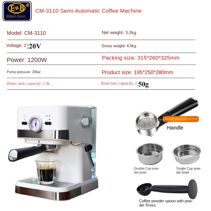 Compact Semi-Automatic Espresso Machine with High Pressure Steam for Home Use: All-in-One Coffee and Milk Frothing XMJL008-3110