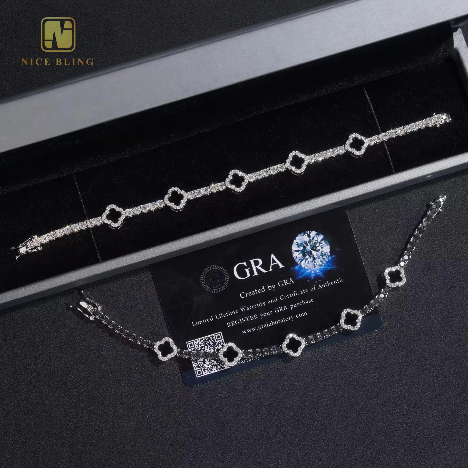 New Arrivals Jewelry 3mm  Iced Out Hip Hop Bracelet 925 Sterling Silver Black & White Moissanite Clover Tennis Bracelet necklace