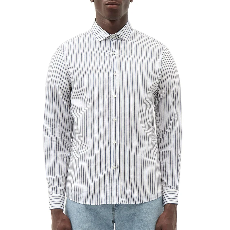 Wholesale Custom Logo Breathable Long Sleeve  Collar 100% Cotton Button Up Linen Stripe Shirt Men