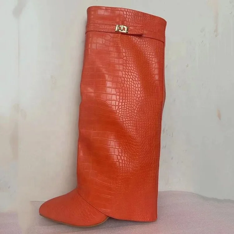 Chendgdu Women Boots Classic Design Fold Knee High Boots Crocodile Red Orange Pointed Toe Side Zipper Chunky Heel Winter Boots