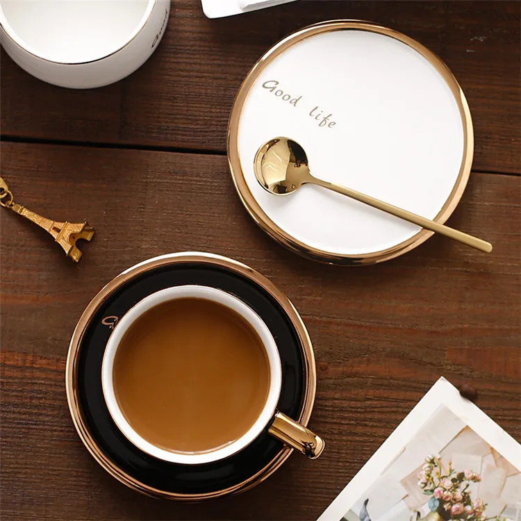 Premium modern drinking cup gold plated gold rim ceramic porcelain black and gold cups for tea