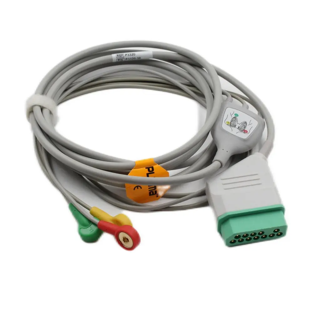 Plinma Hot selling Medical ECG Cable Compatible for Nihon kohden one-piece 3 leads ECG Cable with leadwires Snap 12pin EKG-Kabel