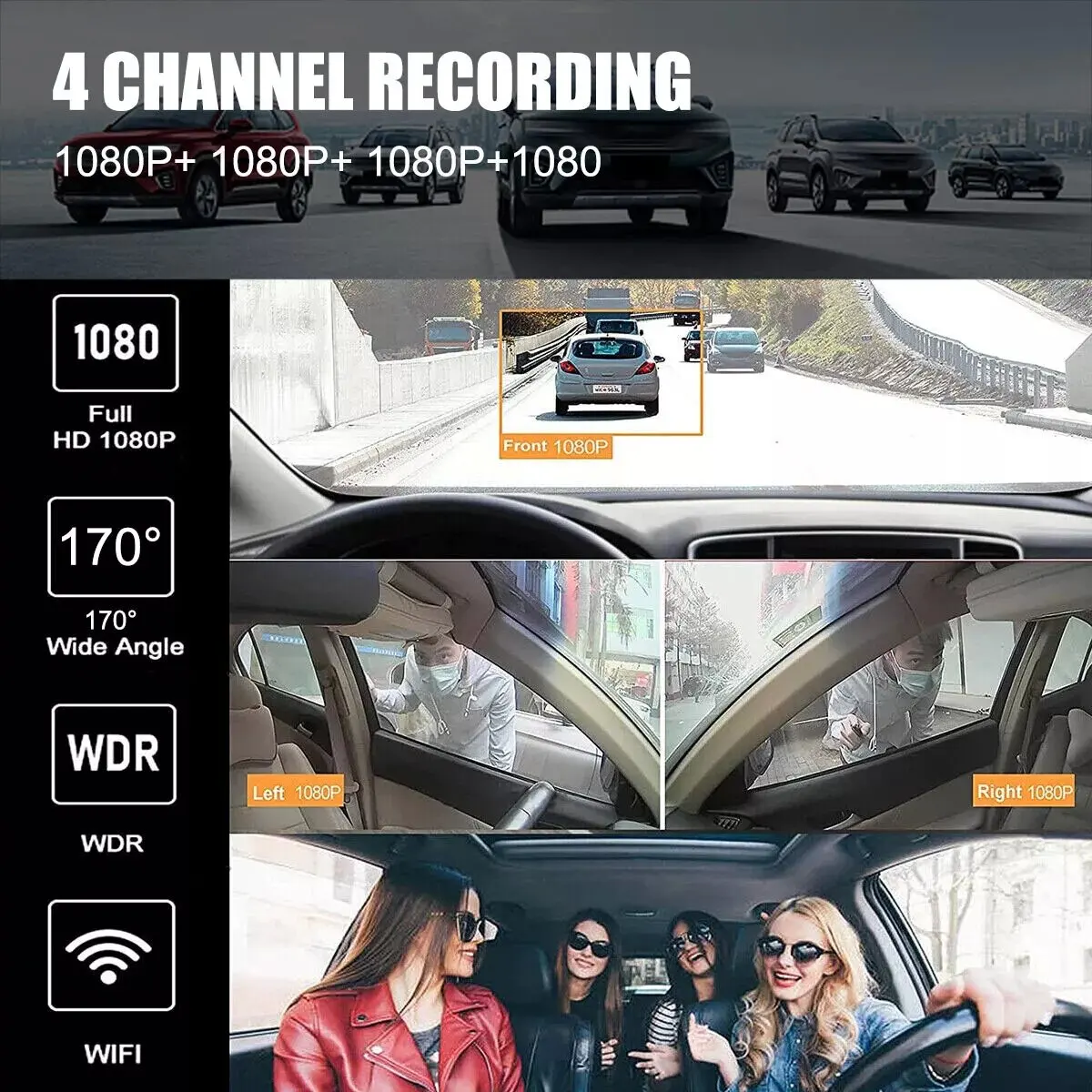 360 градусов видеорегистратор Azdome передний и внутренний 4-канальный 1080P Wi-Fi Голосовое управление ночное видение