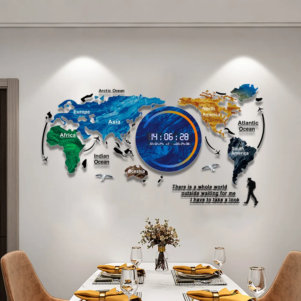 74x34cm wall Decorative Acrylic Digital Wall Clocks Creative World Map Shape Smart Led Clock with Calendar