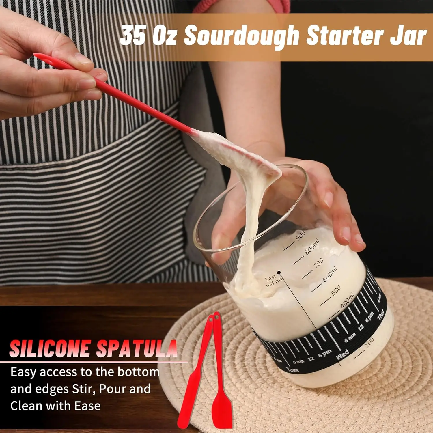 Sourdough Starter Jar Kit- 35 Oz Large Sourdough Starter Glass Jar with Date Marked Feeding Band Thermometer Spatula Cloth Cover