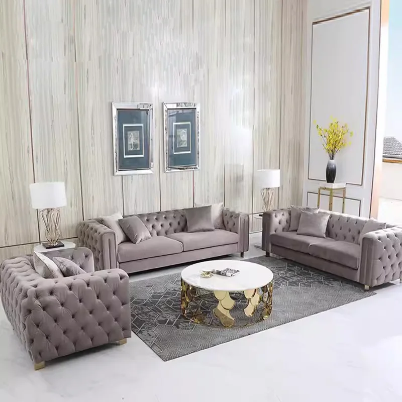 High quality modern lounge sofas set furniture for home luxury italian living room couch velvet fabric chesterfield sofa set