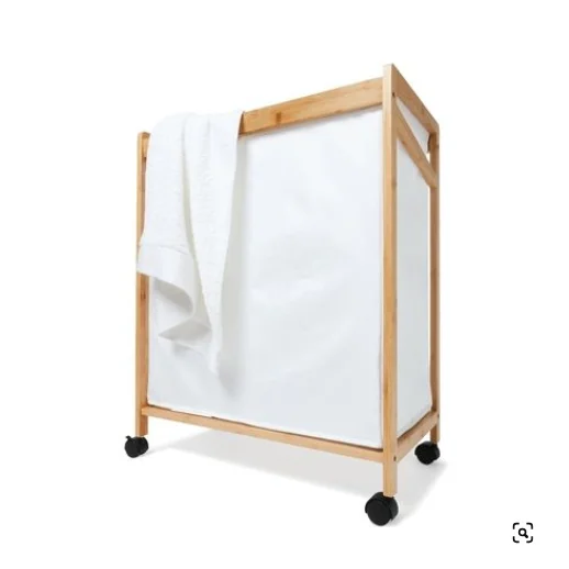 Bamboo Saving Dirty Laundry Basket with White Fabric and 4  Swivel Wheels,  Slim Laundry Bag