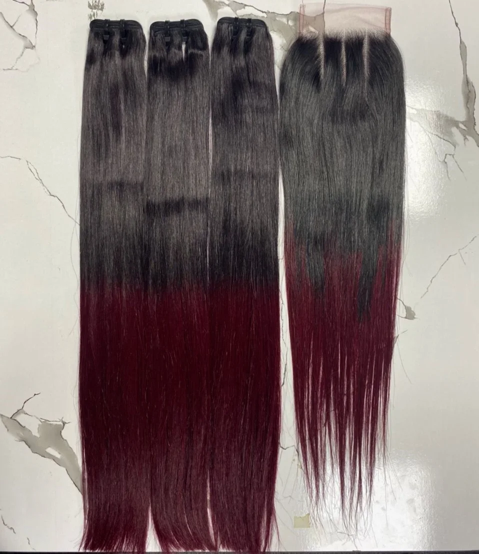 FH Double Drawn 3 Human Hair Bundle with Closure Set  4x4 Straight  Lace Closure 100% Real Hair 99j Colored Machine Weft