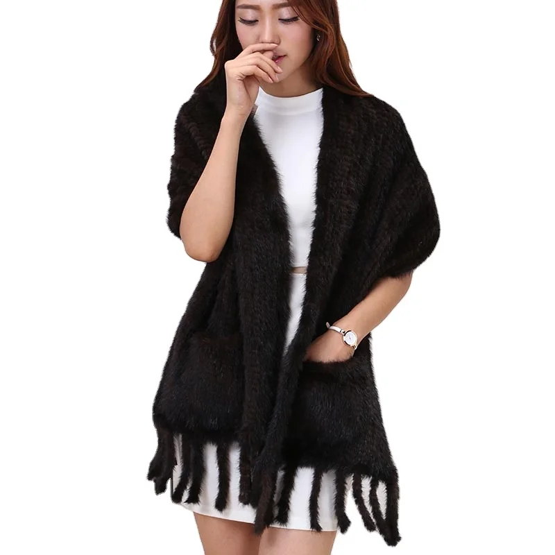 MWFur Модный высококачественный меховой вязаный большой шарф шаль с карманами норковый зимняя уличная мода