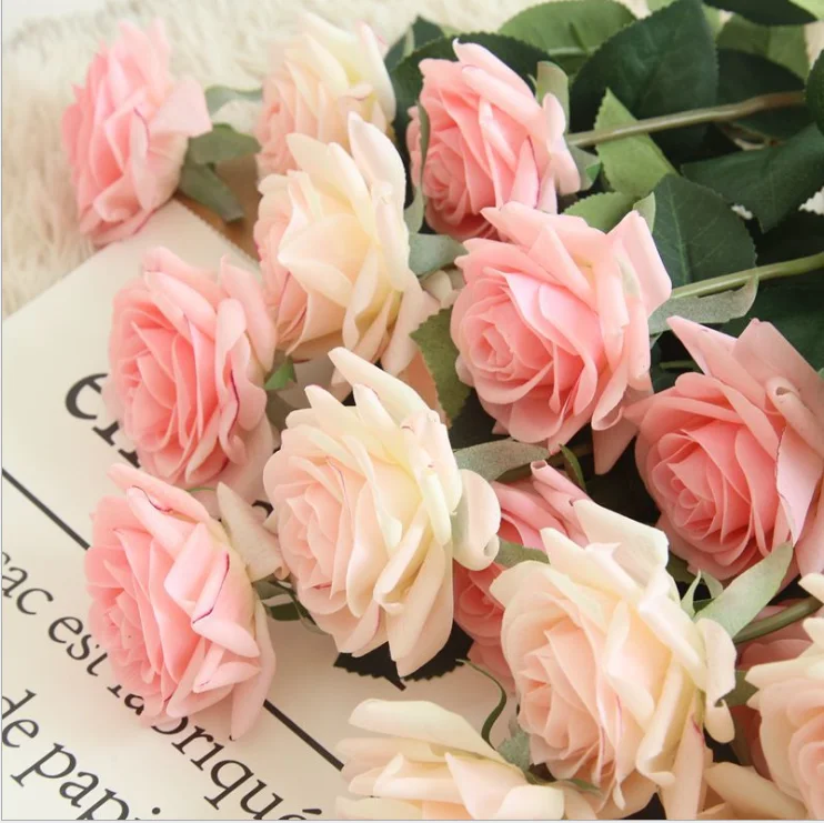 Real Touch Rubber Single Bush Artificial Plastic Flower Artificial Silk Rose Flower Head with Stem