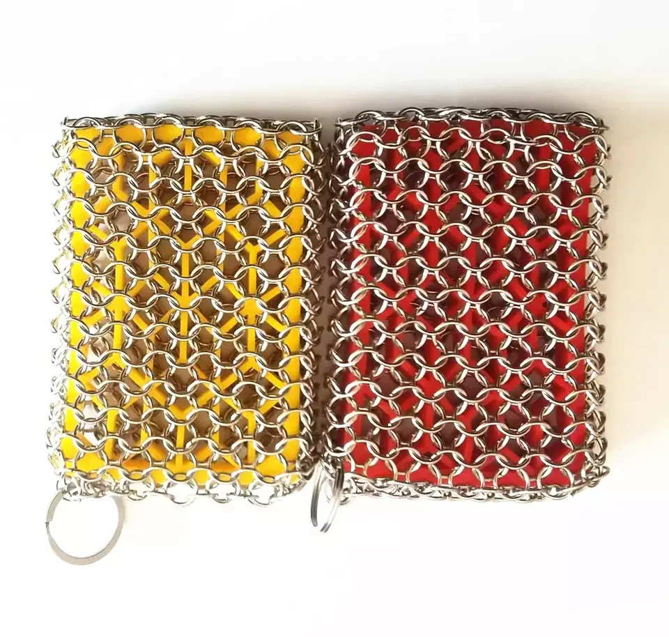 Stainless Steel Kitchen Tool Cleaning Cast Iron with Chain Mail Scrubber With Hollow Silicone Rubber Pad