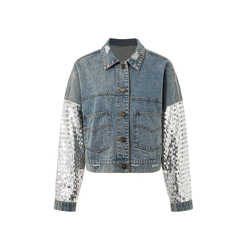 Fashionable Sexy Patchwork Womens Denim Jackets Shinny Outer Wear Sequins High Street Women Washed Denim Jacket
