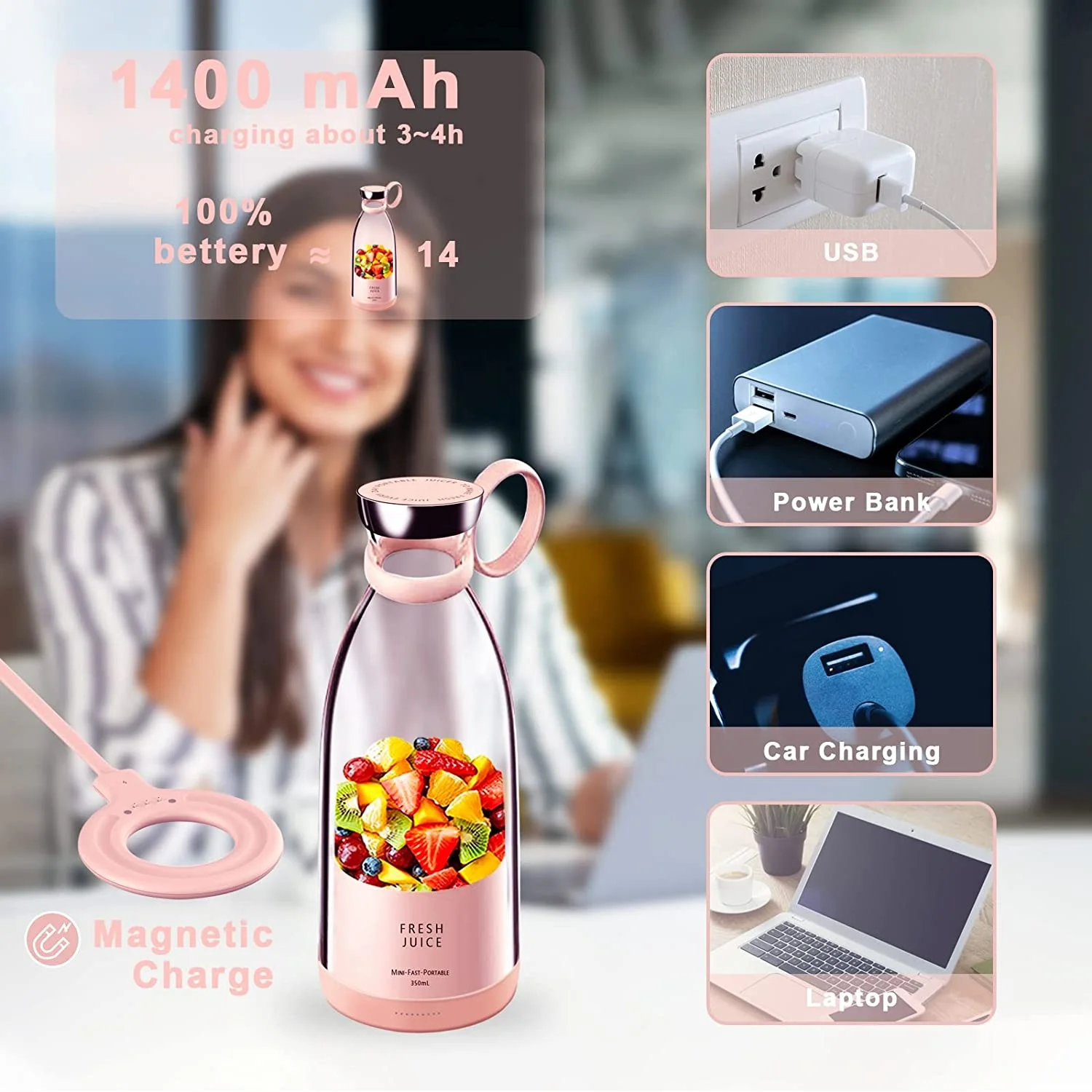 AHLC Wholesale Portable Blender 350ml Wireless Rechargeable USB Juicer Cup Fruit Mixer Smoothie Juicer Blender