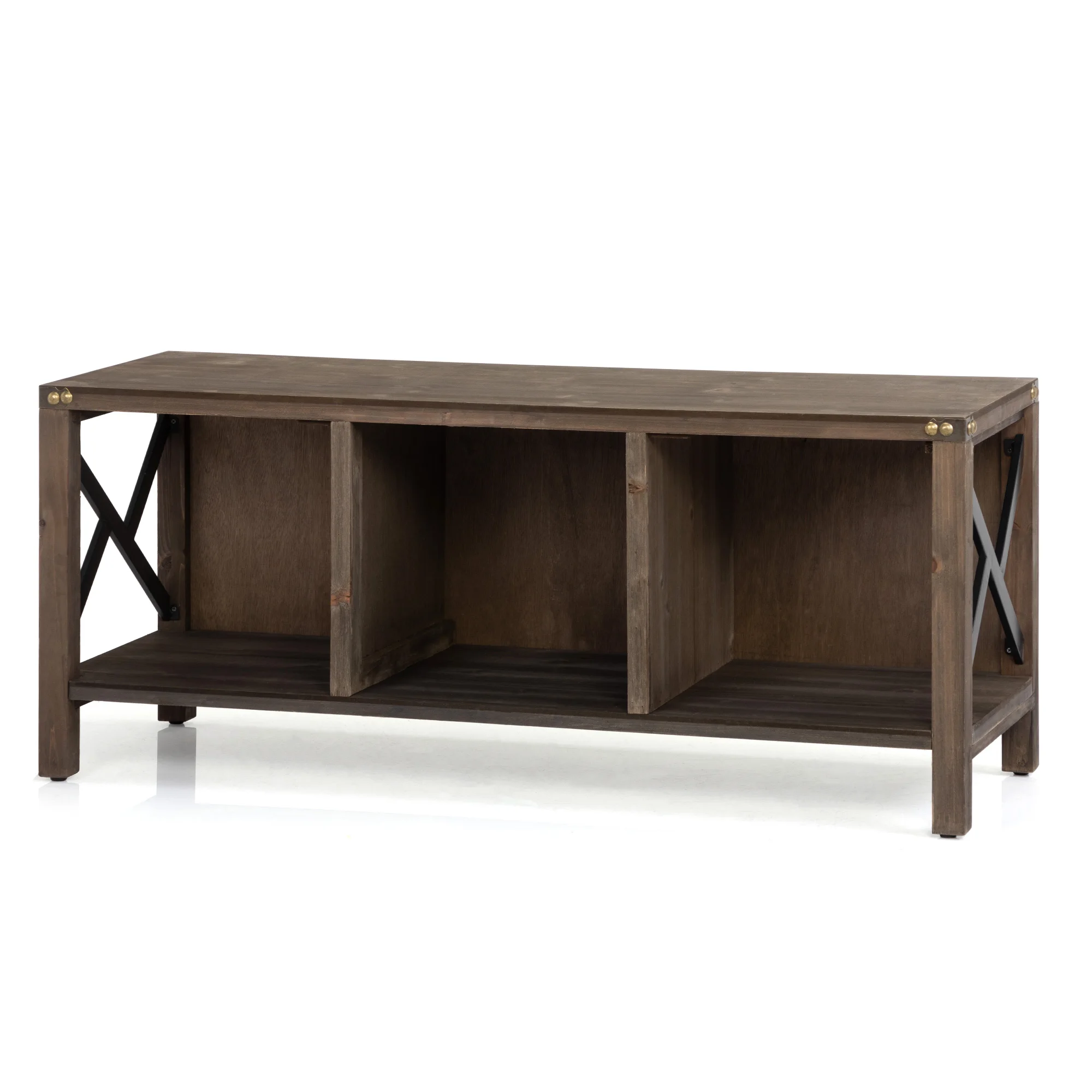 Farmhouse Metal Side Racks Adjustable Foot Mats Wood Shoe Storage Bench for Entryway, Gray