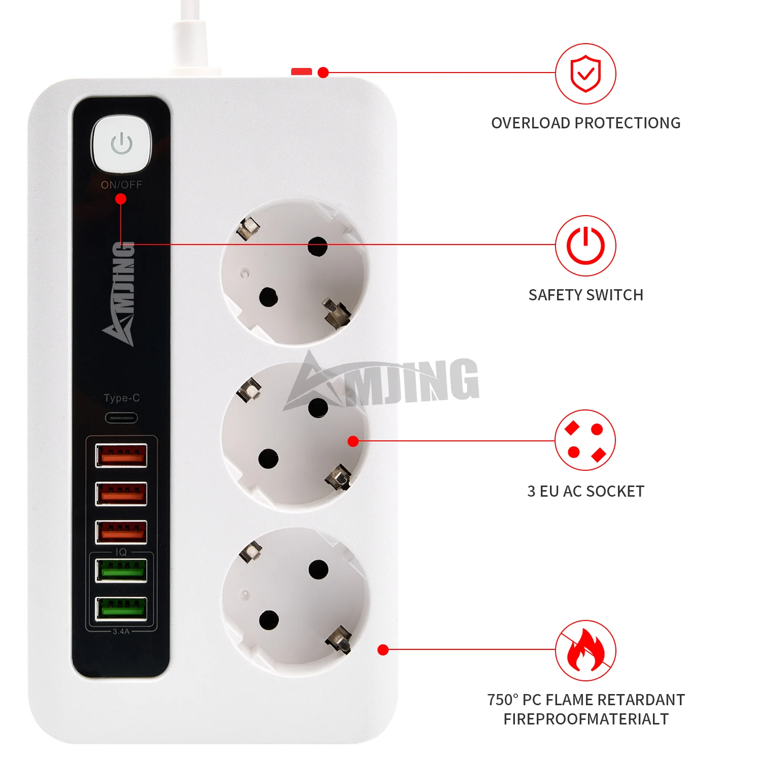 European plug 3 bit overload protection type c socket 3C2A fast charging power strip univers