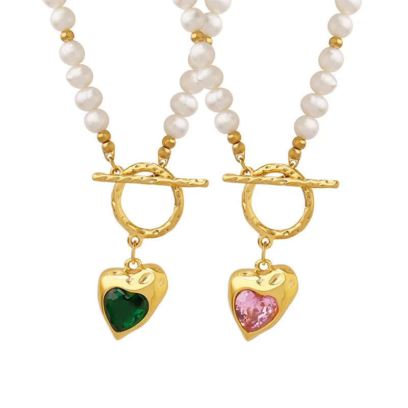 Aretas Romantic Jewelry Vintage Necklace Stainless Steel Freshwater Pearl Chain Emerald Pink Stone Heart Necklace Sets