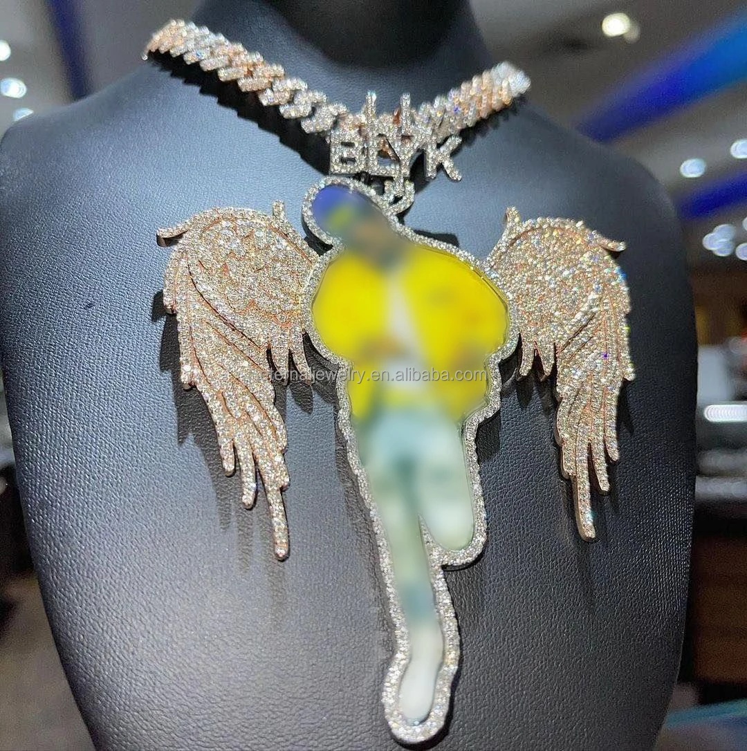 100% Passed Diamond Tester Custom Angel Wings Photo S925 Silver 10k 14k 18k Solid Gold Iced out VVS Moissanite Memory Pendant