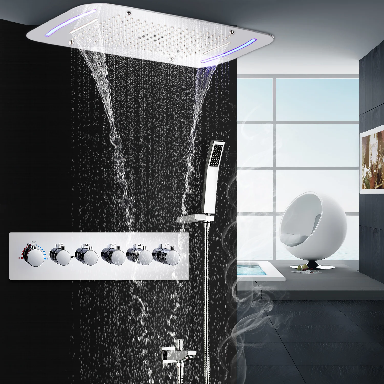 Luxury 5 Functions Recessed Rainfall Waterfall SPA Massage Ceiling LED Shower Head 430*710MM Bathroom Thermostatic Shower Set