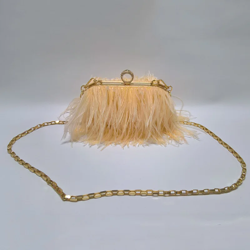 2022 Hot Sell Fashion Women Fluffy Ostrich Feather Evening Dress Clutch Bag Purse Shoulder Bag