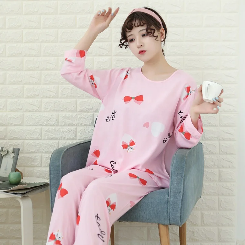 People cotton pajamas spring and autumn ladies long-sleeved trousers home service suit round neck loose large size
