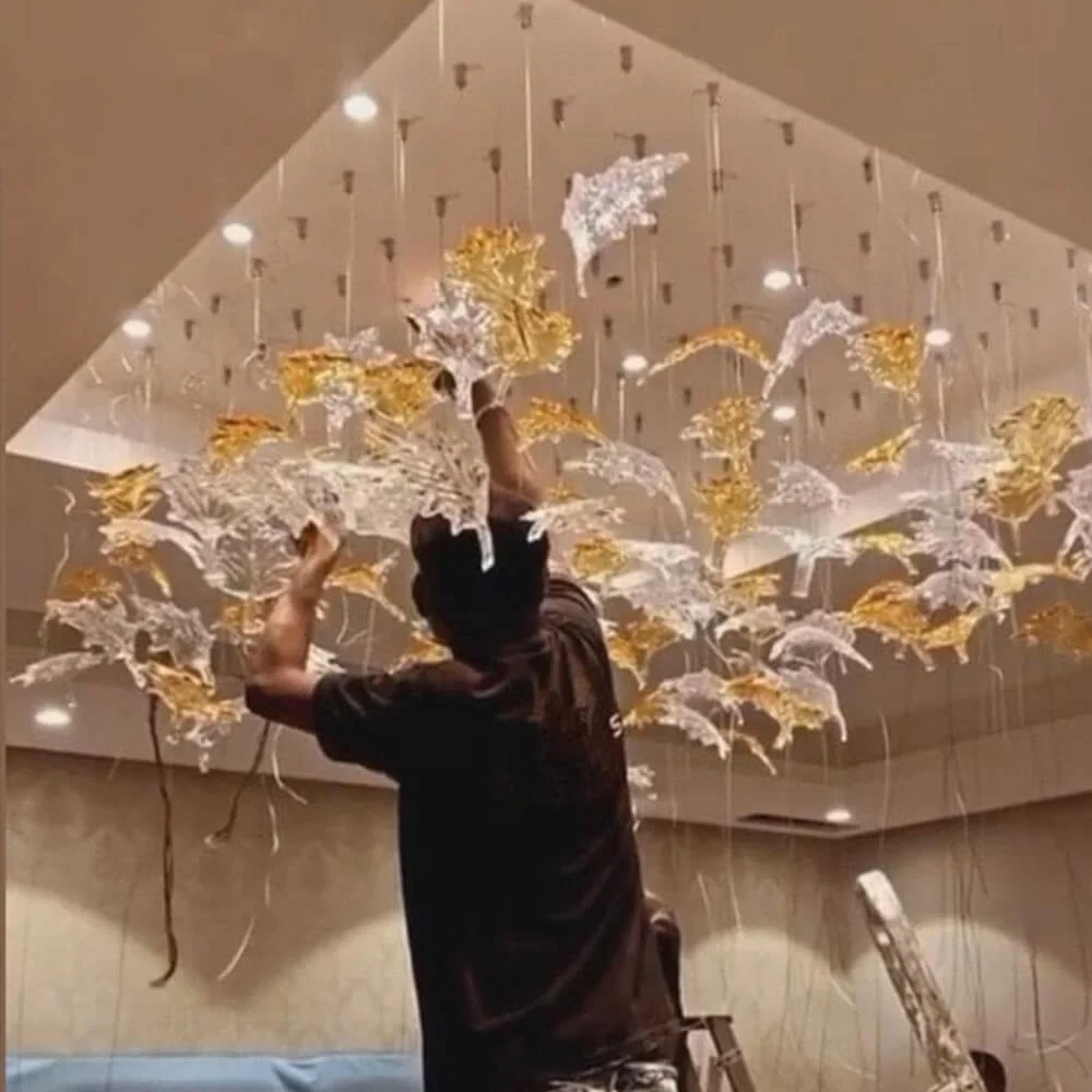 Modern Art Blown Glass Lead Chandelier Living Room Hotel Lobby Villa Hanging Pendant Lights Modern Maple Glass Leaf Chandelier