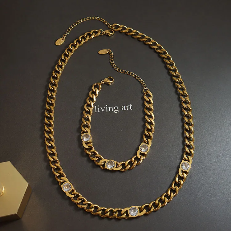 Custom Wholesale Ladies 18K Gold Plated Stainless Steel Korean Style Zircon Cuban Link Necklace Women Bracelet Jewelry Set