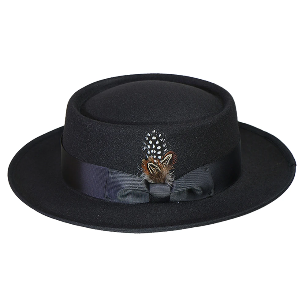 Custom logo luxury wool bowler unisex designer womens men pork pie flat boater fedora felt hat cap manufacture with feather