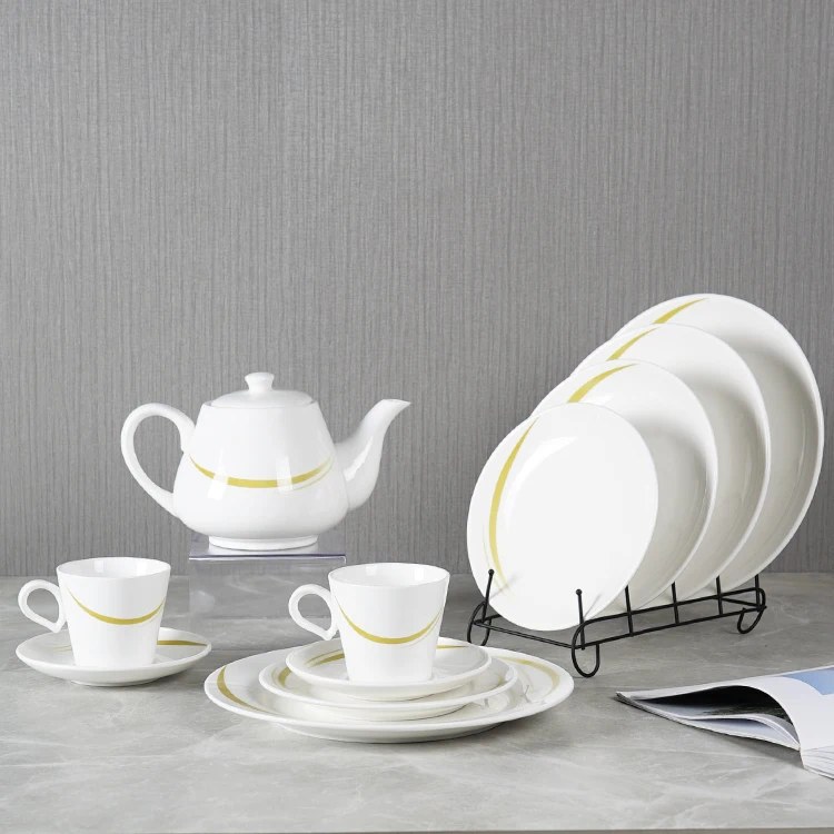 1000ml Porcelain White Ceramic Teapot With Yellow Color Simple Decal Printing Strength Handle Classic Pot Mold