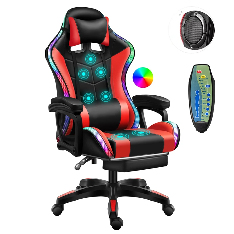 Home Office Comfortable RGB LED Light And Speakers Gaming Chair With Footrest And Massage