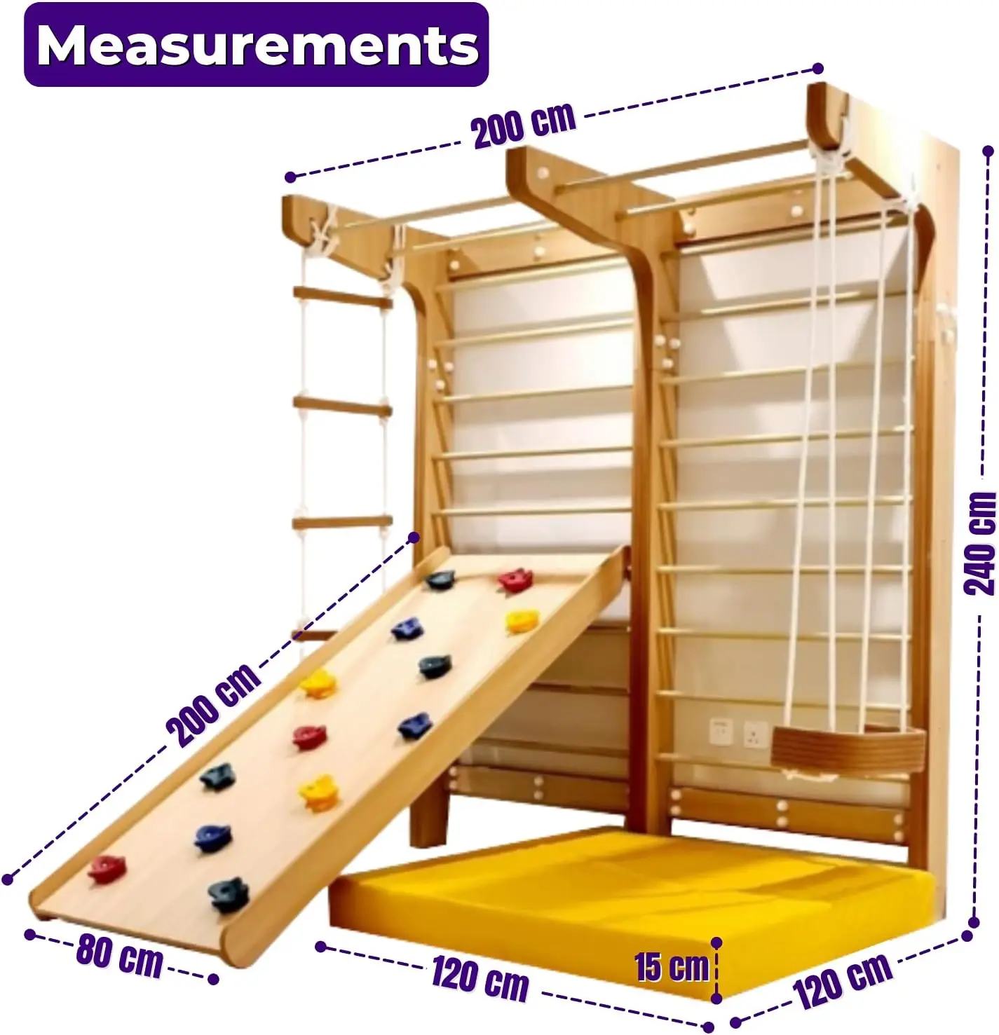 LM KIDS Kids Swedish Wall with Climbing Ramp Swing Rope Indoor Outdoor Play set for Kids