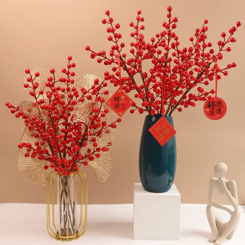 Yunnan Top Seller Artificial Flower Decor Red Berry Stem Christmas Faux Red Berries For Flowers Wreath Arrangement