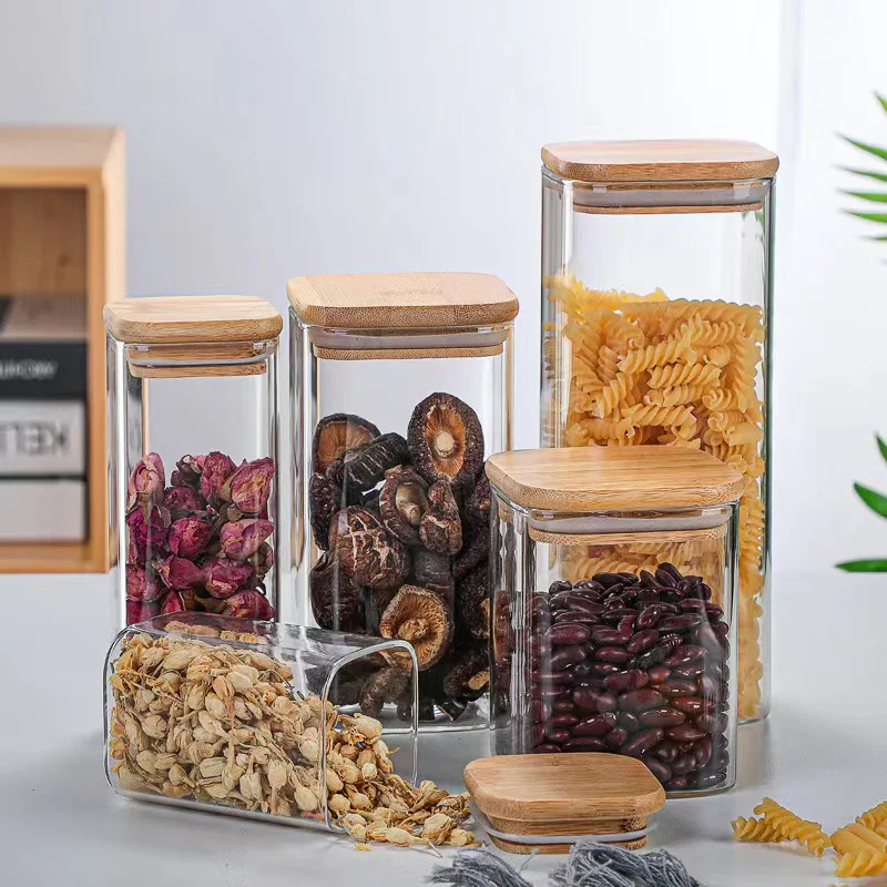 Square Glass Jars With Bamboo Lids Reusable Food Storage Containers For Kitchen Use