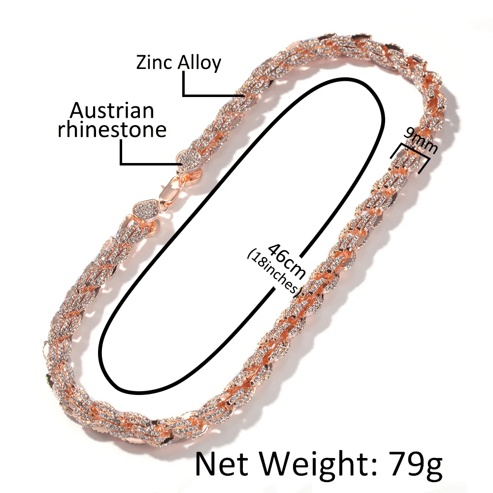 Link Chain Twisted Icd Out Full CZ Diamond Rope Chain Necklace Gold Solid Mes 9MM Pop Alloy Party Necklace Zircon Unisex Jewelry