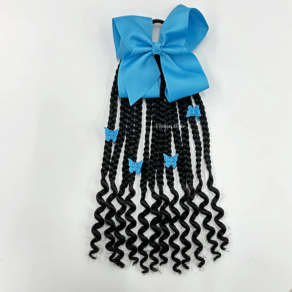 8inch kids box braid ponytail with curly ends hair extension ponytail crochet loc ponytail with butterfly shape clips and bow