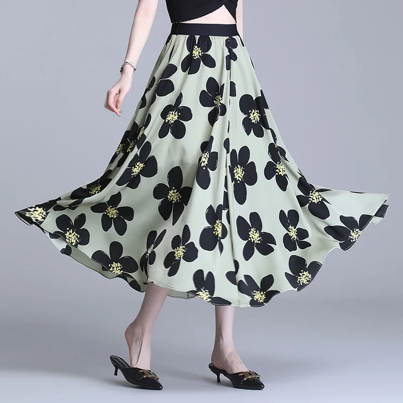 Ice silk print A-line skirt summer new style Korean style high waist draped pleated skirt mid-length skirt