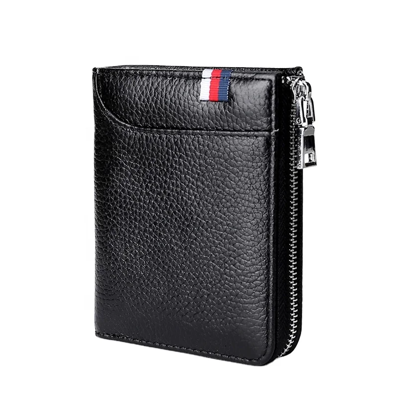 Fashion Genuine Litchi Leather Short Mens Zipper Card Holder RFID Blocking Wallet for Gift