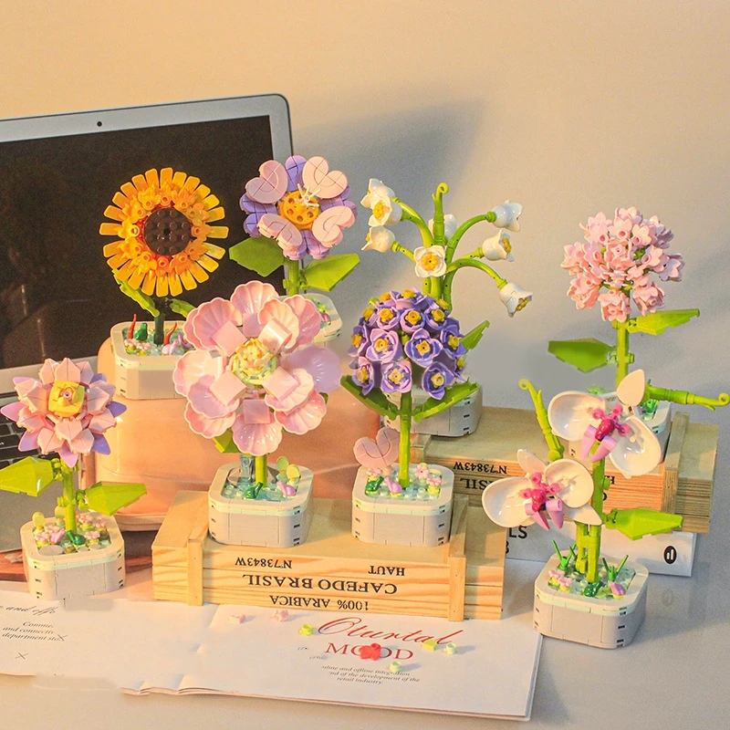Sunflower Bouquet Building Block Kit DIY Eternal Orchid Flowers Block Toy Set Rose Potted Bricks Assembly Girl Adult Friend Gift