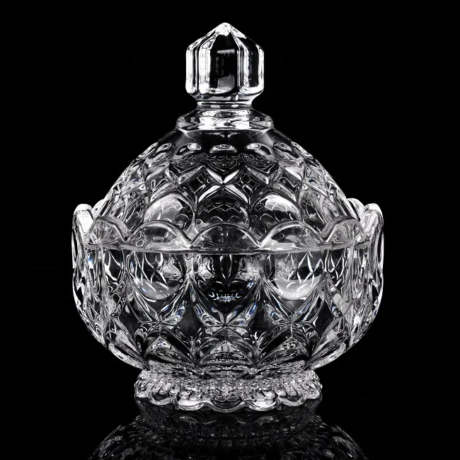 Luxury Crystal Golden Plated Glass Sugar Candy Bowl Footed Clear Glass Jar Candy Bowls With Lid