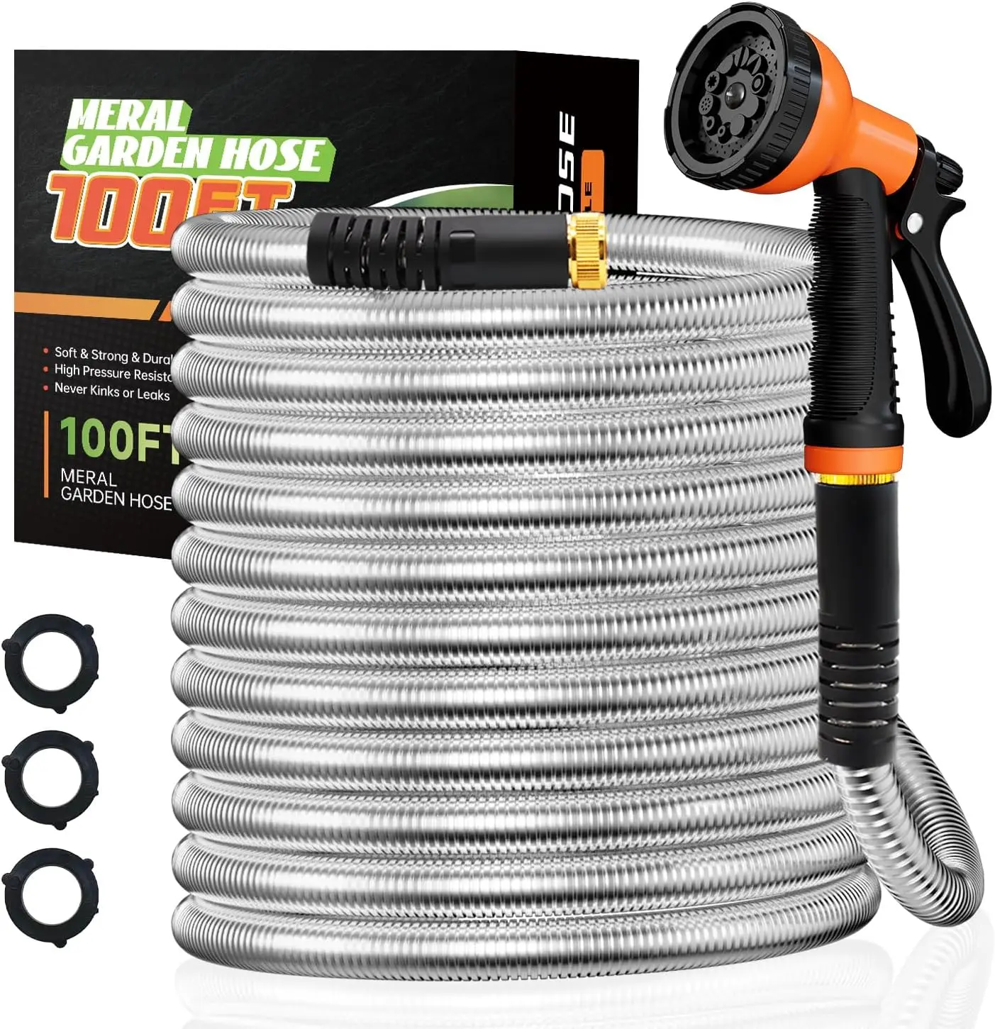 Garden Hose 100FT Stainless Steel Water Hose with 10 Functions Adjustable Spray Nozzle, No-Tangle & Kink Leak Dog Proof Hose