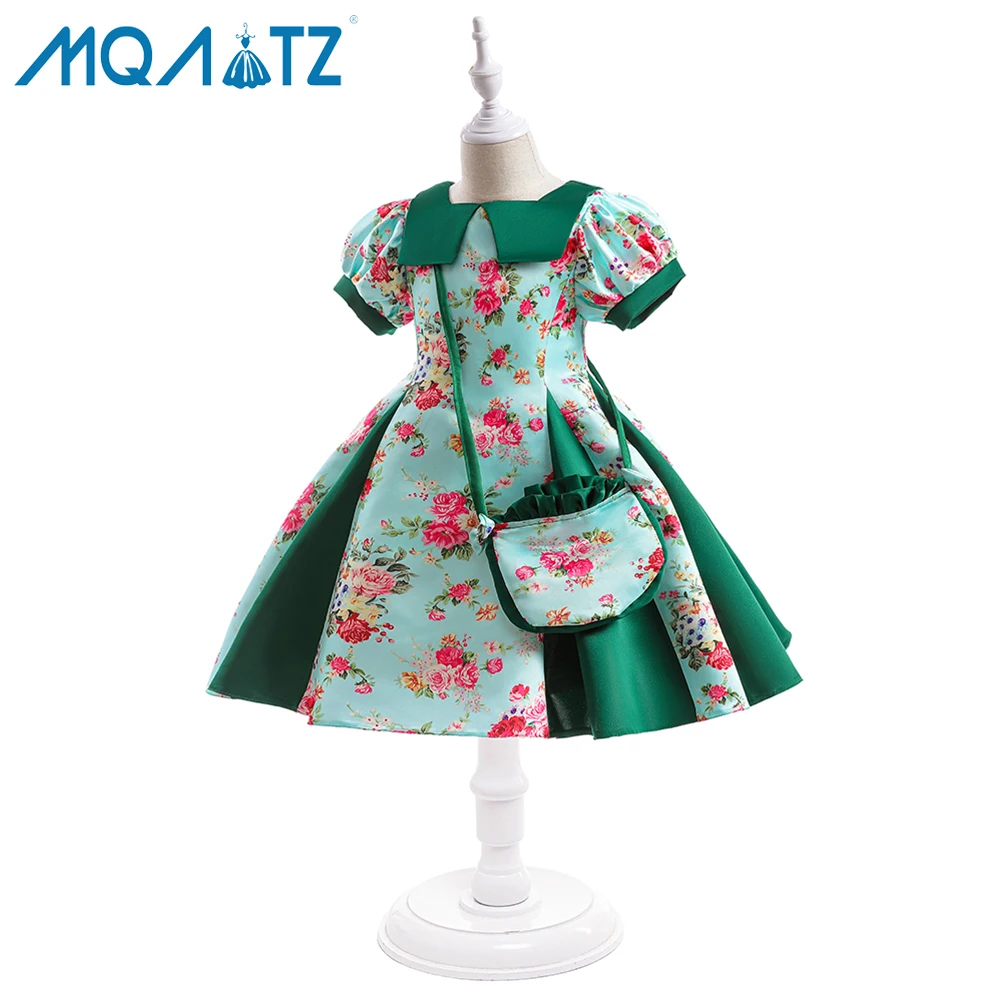 MQATZ latest design short sleeve green 5-8 year flower printed dress collar elegant frocks with free bag L5510