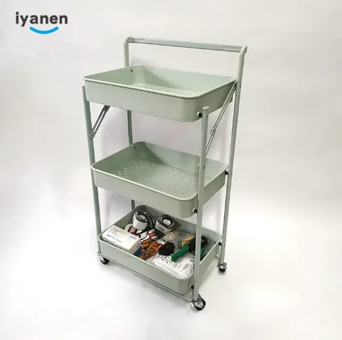 high quality 3Tier Mobile Small Storage rack foldable kitchen vegetable and fruit storage rack bathroom mesh rolling trolley