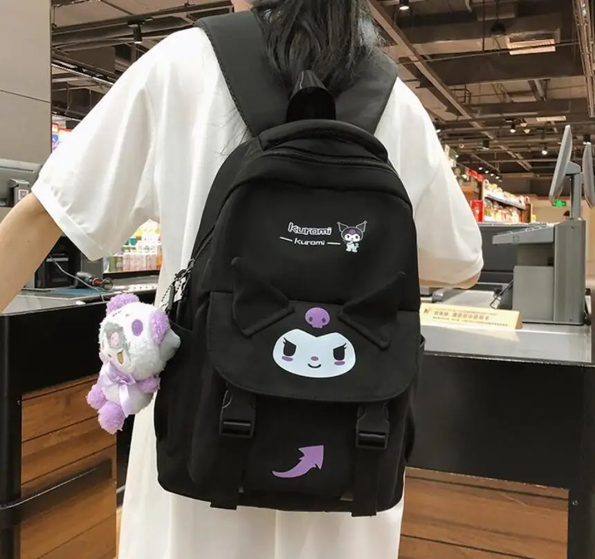 YWMX Cartoon Kuromi Cinnamoroll Student School Bag  Kawaii Girl Melody Nylon Big Capacity Zipper Student Backpack With Plush Toy