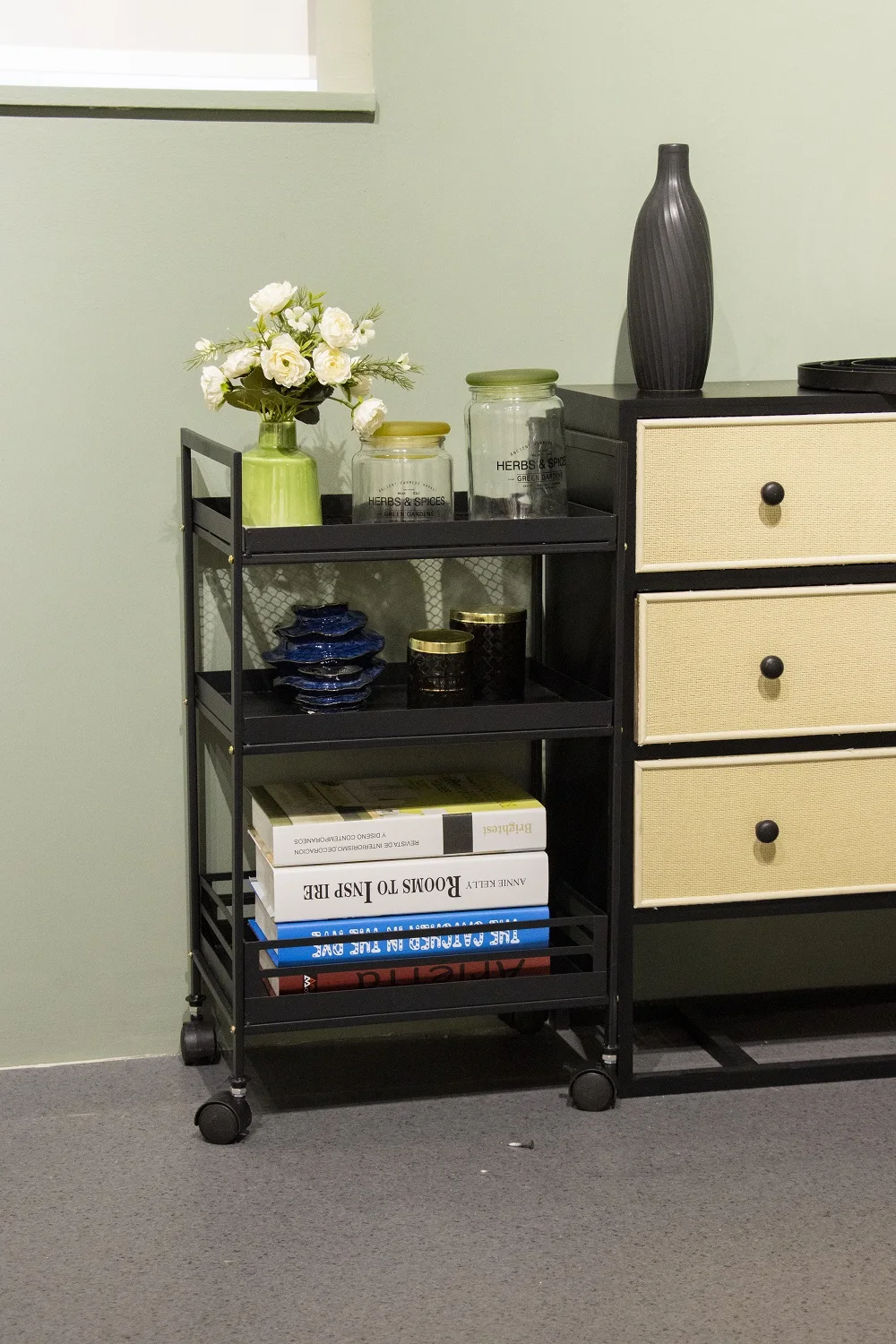 K&B contemporary iron multi layer storage shelf hotel drinks trolley bar luxury black service cart kitchen rack