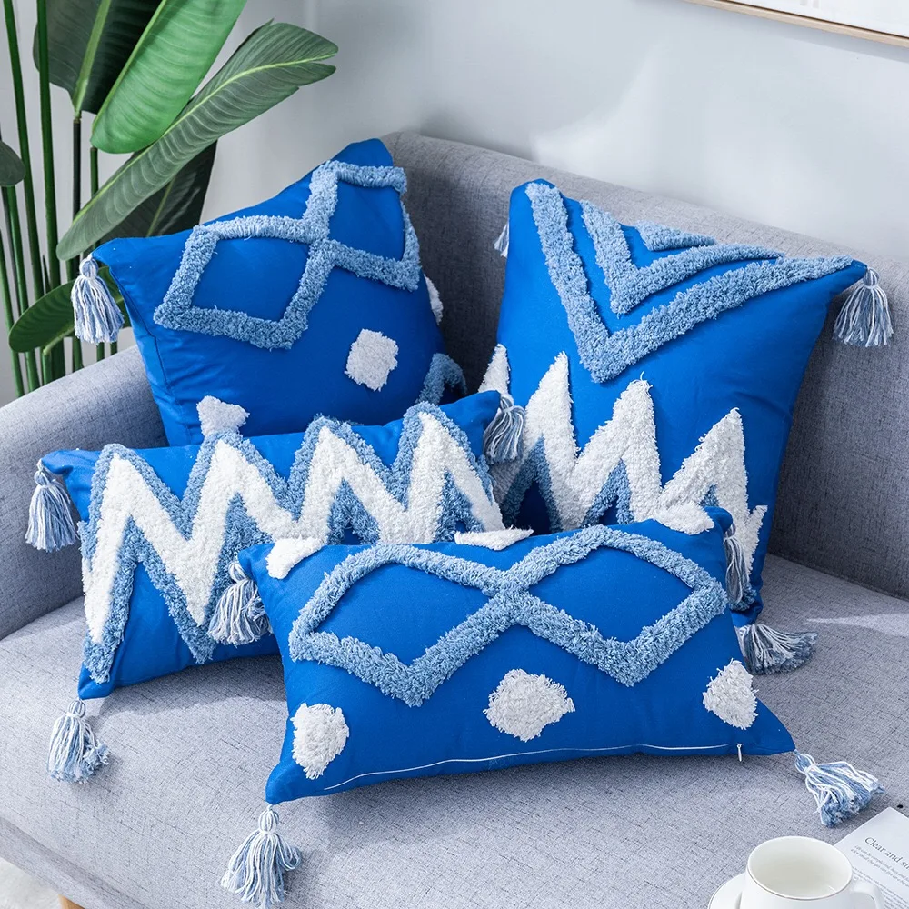 
Household Decorative boho blue embroidery bohemian macrame pillow decor cotton cushion covers with Tassels 