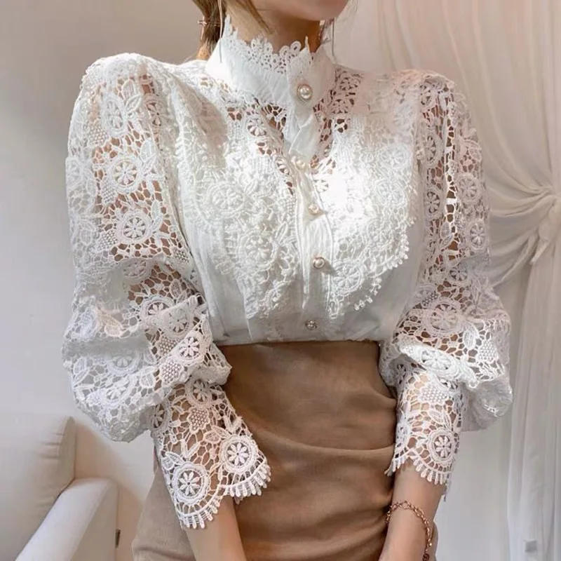 French design sense hollowed out shirt light luxury celebrity temperament blouse versatile gentle long-sleeved blouse