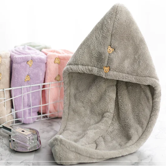 High quality cartoon super absorbent double layer thickened coral fleece dry hair cap quick drying microfiber dry hair towel