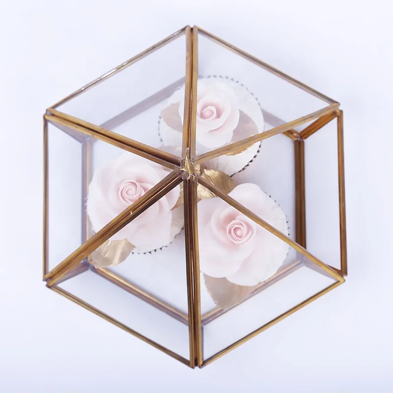 hanging gold transparent trinket ring Clear Glass Jewelry Box terrarium Copper metal decorative pyramid for wedding storage